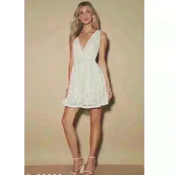 All of My Heart white Lace Skater Skirt Deep v-neck Dress - Picture 1 of 11